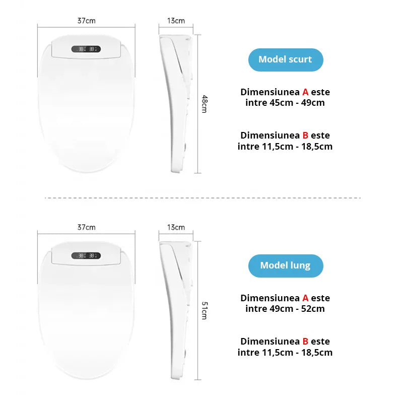 Capac WC cu bideu si filtru anticalcar inclus, model lung 49-52 cm, telecomanda