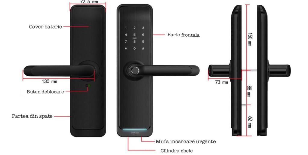 Incuietoare smart cu amprenta, cod, card, telefon, Wi-Fi, Bluetooth, ideal pensiuni, regim hotelier, Booking, Airbnb, culoare silver