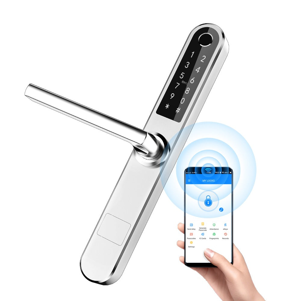 Incuietoare smart pentru usi termopan PVC deschidere cu amprenta, cod, card, telefon, Wi-Fi, Bluetooth, argintiu