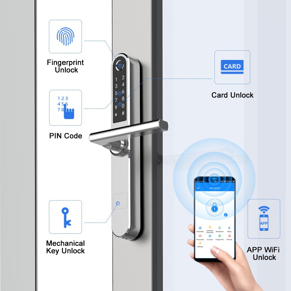 Incuietoare smart pentru usi termopan PVC deschidere cu amprenta, cod, card, telefon, Wi-Fi, Bluetooth, argintiu