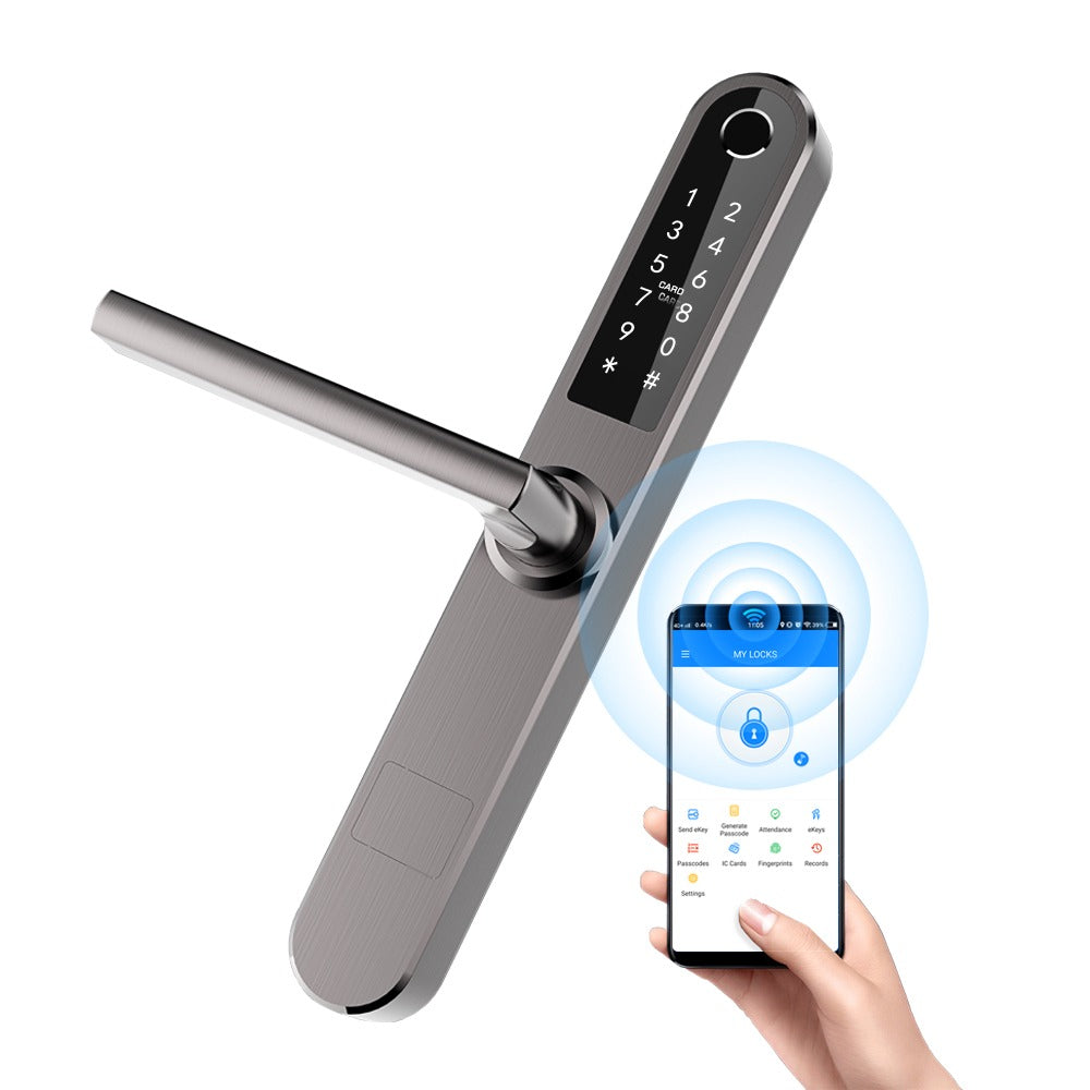 Yala smart exterior/interior pentru usi termopan PVC, deschidere cu amprenta, cod, card, telefon, Wi-Fi, Bluetooth, gri