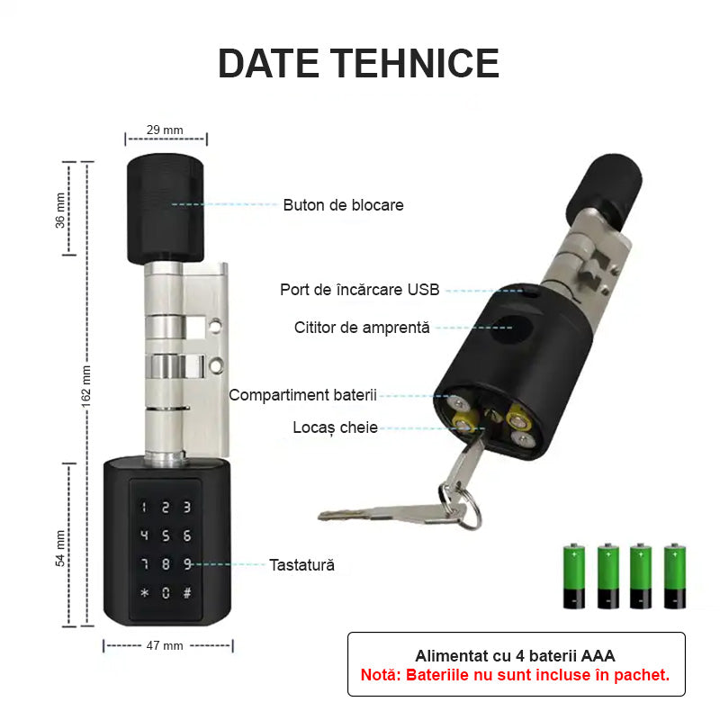 Incuietoare smart tip cilindru negru scurt reglabil grosime usa 35-90 mm aplicatie TTLock