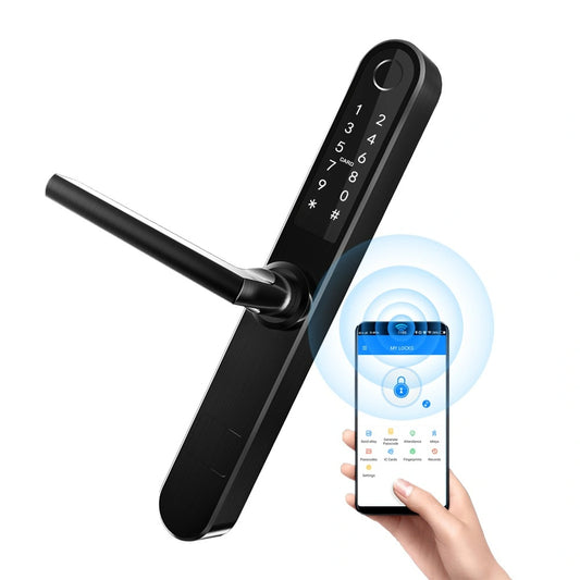 Yala inteligenta pentru usi termopan PVC deschidere cu amprenta, cod, card, telefon, Wi-Fi, Bluetooth, negru