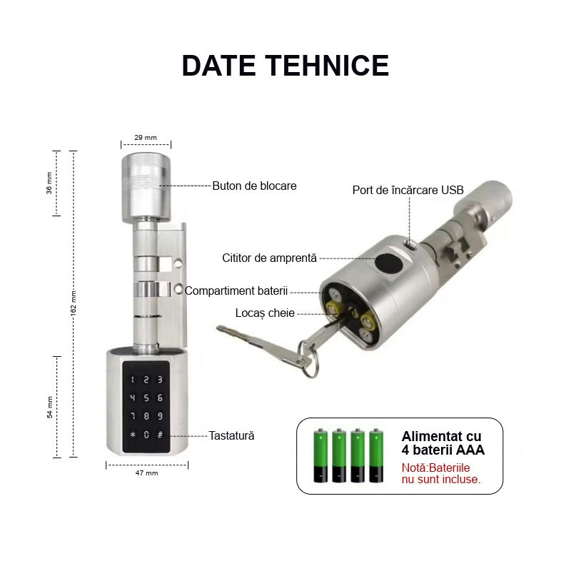 Yala inteligenta tip cilindru silver reglabil (35-90mm) control din aplicatia TTLock