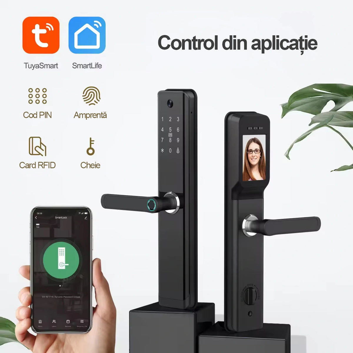 Yala smart cu camera incorporata si WiFi Tuya, acces amprenta, cod, card, cheie