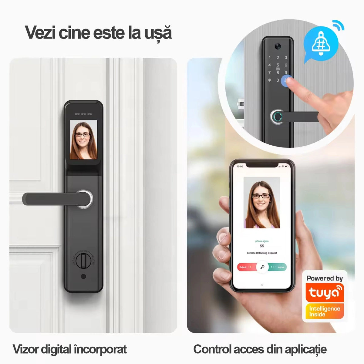 Yala smart cu camera incorporata si WiFi Tuya, acces amprenta, cod, card, cheie