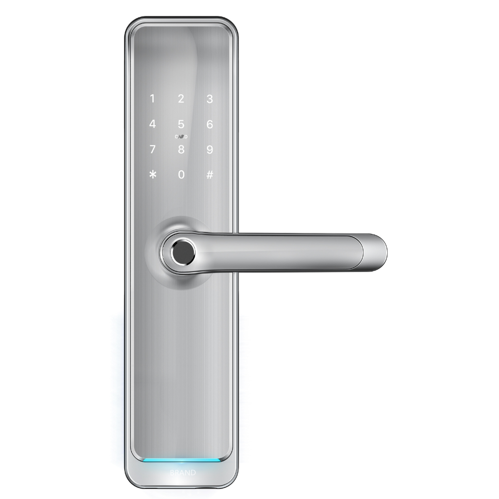 Incuietoare smart cu amprenta, cod, card, telefon, Wi-Fi, Bluetooth, ideal pensiuni, regim hotelier, Booking, Airbnb, culoare silver