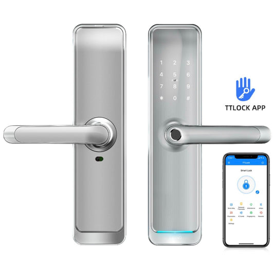 Incuietoare smart cu amprenta, cod, card, telefon, Wi-Fi, Bluetooth, ideal pensiuni, regim hotelier, Booking, Airbnb, culoare silver