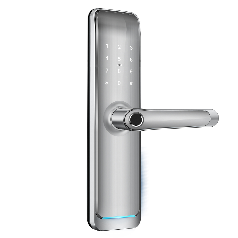 Incuietoare smart cu amprenta, cod, card, telefon, Wi-Fi, Bluetooth, ideal pensiuni, regim hotelier, Booking, Airbnb, culoare silver