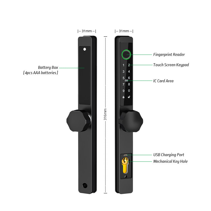 Yala smart ultraslim pentru usi termopan cu aplicatia TTLock maner buton negru