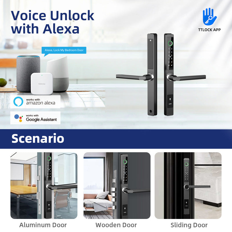 Yala smart ultraslim pentru usi termopan cu aplicatia TTLock maner buton negru